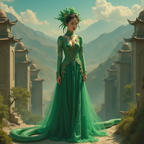 In an ancient painting, a Green snake transforms into a beautiful woman standing in front of an ancient palace, with rolling mountains behind her. Her image is both mysterious and noble, as if she is a messenger connecting the past and the future.
surreal,...