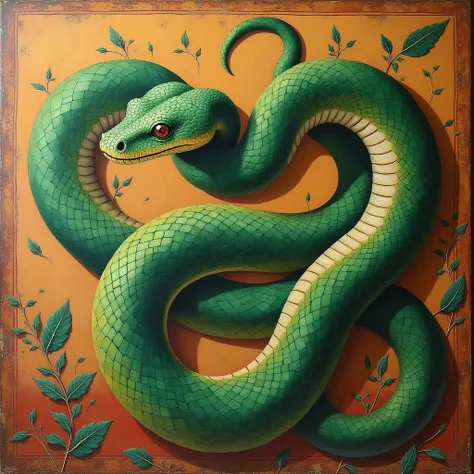 Green snake, Fresco painting art style, ancient painting technique dating back to antiquity, rich colors and textures, timeless aesthetic, historical significance, evokes a sense of tradition and craftsmanship.
surreal, best quality, masterpiece, photoreal...