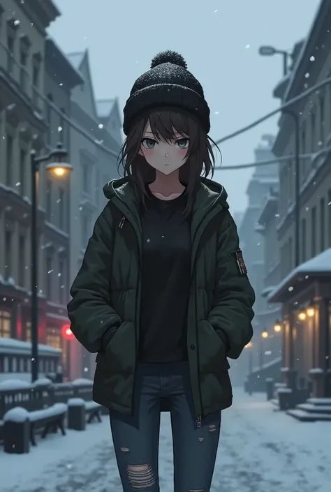 (((Detailed Eastern European City Background))), (((Depressing))), (((Snow))), (((Snowfall))), (((Winter))), ((Anime)), ((Female)), ((Tomboy)), ((Doomer)), ((Black jacket)), ((Ripped jeans)), ((Black Beanie)), ((SFW)), ((Smoking a cigarette)), ((Depressed)...