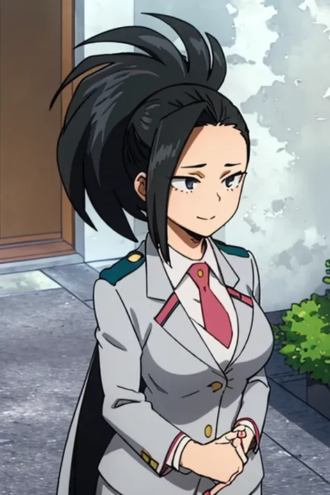 Momo Yaoyorozu my hero academia, standing outside in a sunny urban setting, wearing a black business suit with a fitted white dress shirt underneath, the jacket draped over her shoulders. She has a black necktie loosely knotted, resting against her chest. ...