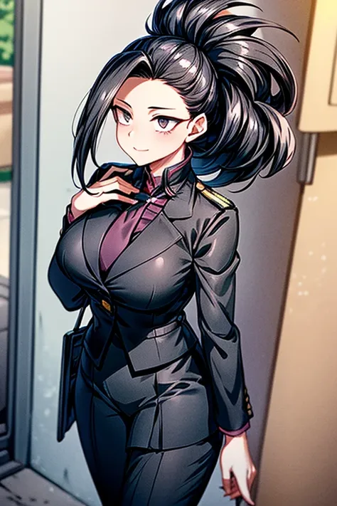 momo yaoyorozu my hero academia, standing outside in a sunny urban setting, wearing a black business suit with a fitted white dr...