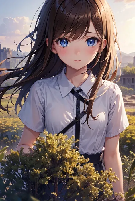 One girl, High resolution, solo, Look at, Shortcuts, Brown Hair, European blue eyes、The background gives the impression of a future landscape devastated by war.、tears, 