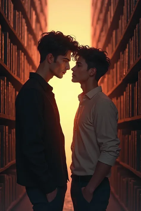 The young man and Lucas looking into each other&#39;s eyes, with a focus on romantic tension in the air. The soft lighting highlights their facial features, while the books around seem to watch.