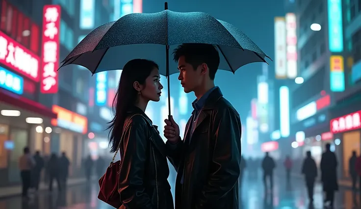 beautiful asian woman with a man both under the same umbrella, on a rainy night in the futuristic city of Tokyo, neon lights futuristic cars

