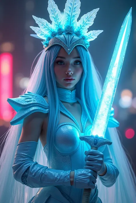 A beautiful & attractive young girl wearing a cyberpunk armory designed like a ice peacock wearing a cyberpunk designed ice peasant head band, with gaint illuminating ice knife, with ice peacock design & hats, full body viewing details, camel toe, sapphire...