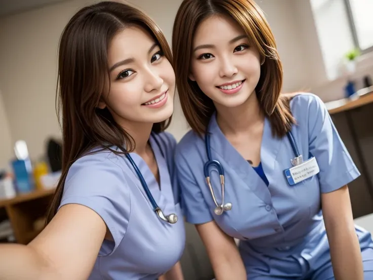 masterpiece, best quality, beautiful woman, 2 female doctor and apprentice 2 nurses, (laboratory viewer), approaching, seductive...