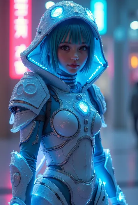 A beautiful & attractive young girl wearing a cyberpunk armory designed like a ice  turtle wearing a cyberpunk designed ice turtle head band, with gaint illuminating ice knife, with ice turtle design & hats, full body viewing details, camel toe, sapphire h...