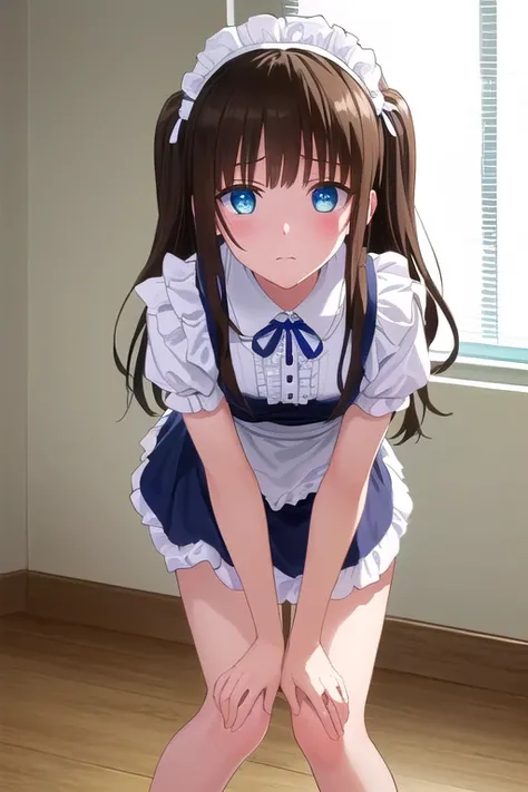 Leaning forward、Embarrassed expression、Embarrassed face、(blue eyes:1.5), brown hair, two side up, Lolita maid, (hands on knees:1.3) ,Best Quality, High resolution, Unity 8K Wallpaper, (figure:0.8), (Beautiful detailed eyes:1.6), Highly detailed face, Perfe...