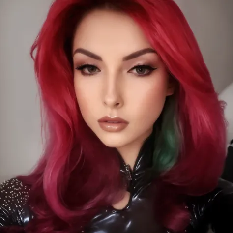 generate image of a beautiful woman with bad hair wearing a tight latex catsuit super tight to her body staring with a seductive look