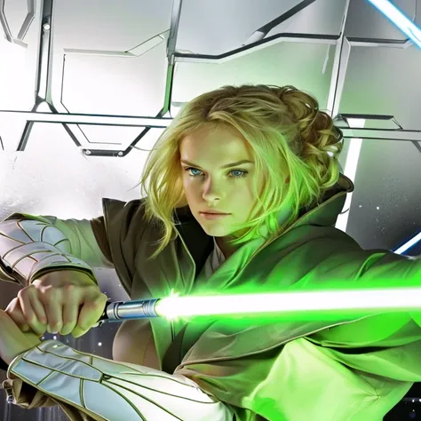 un gros plan dune personne tenant une épée dans une pièceblonde Jedi Woman, Jedi Woman, holding a lightsaber. splashes of&#39;art, ghost girl with glowing and shiny lens, Jaina only, apex legends spectrum, sabre laser vert, Mara Jade Skywalker, an emerald ...