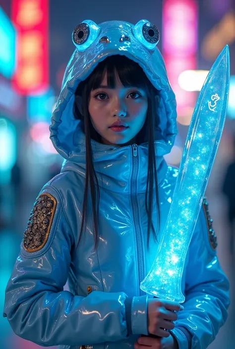 A beautiful & attractive young girl wearing a cyberpunk armory designed like a ice frog wearing a cyberpunk designed ice frog head band, with gaint illuminating ice knife, with ice frog design & hats, full body viewing details, camel toe, sapphire hair, wi...