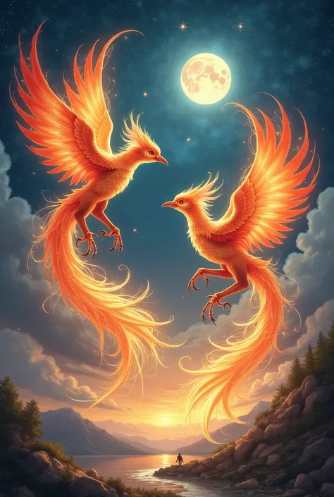 under the star-filled sky, phoenixes dance in the tapestry of the sky. that fiery figure、leaving a trail of stardust, there is g...