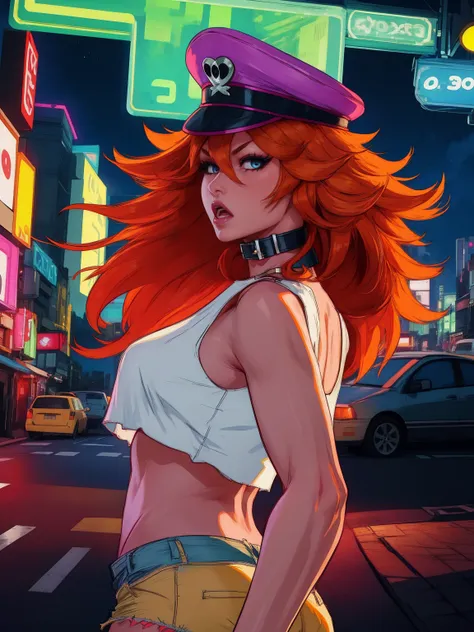 a detailed portrait of roxy, a girl with orange hair and blue eyes, long hair, wearing a white crop top, collar, and short short...