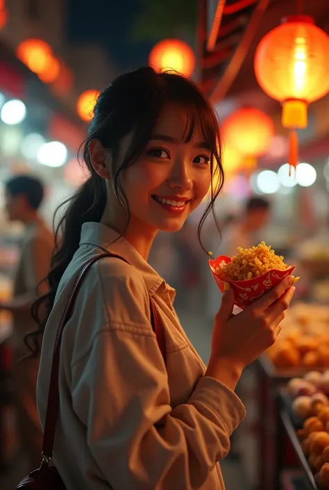 a lively night market, a woman casually dressed, taking snacks, her face full of joy and contentment, detailed facial features, beautiful detailed eyes, beautiful detailed lips, extremely detailed face, intricate details, warm lighting, vibrant colors, dyn...