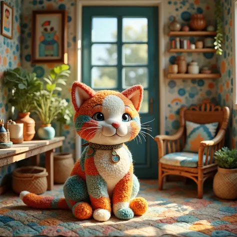 (masterpiece, best quality:1.2), a room with a stuffed cat,handmade style