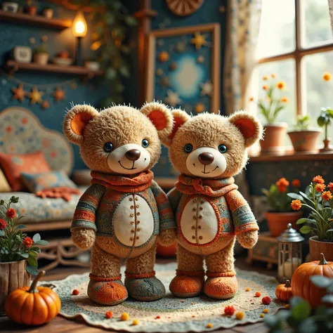 (masterpiece, best quality:1.2), a room with a teddy bear couple,handmade style