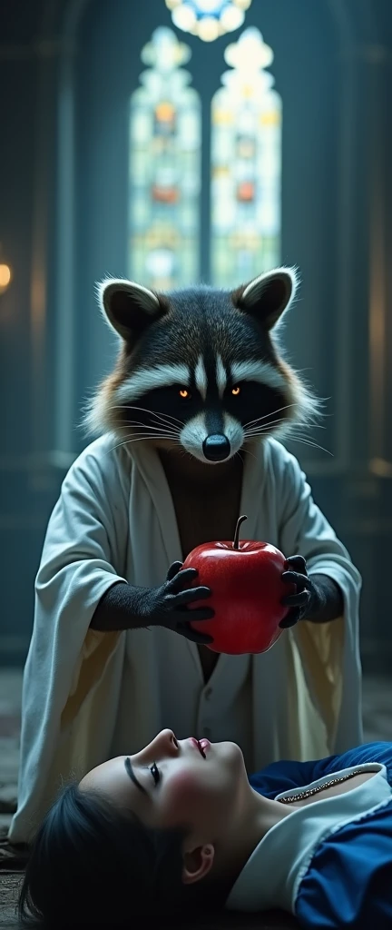 A photo of a medium shot of a raccoon holding a poisoned apple over a lifeless Snow White. Snow White is wearing a blue dress and white collar. The raccoon is wearing a white robe. The background is a dimly lit castle with stained-glass windows. There is a...