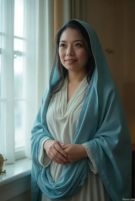 mother of jesus, with black hair and green eyes, light brown skin, wearing a light blue robe, and a sky blue veil, bringing a ca...