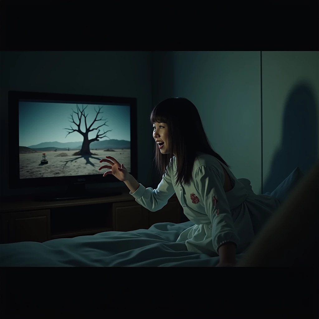 photorealistic, GTA 5, in a dimly lit room, Sadako Yamamura, Ugly girl, in a white torn dress,  crawls out of a large TV, stretching out his clawed hands forward, looks at the viewer with a scary toothy smile, lets out a scream, throw, selfie, The TV scree...