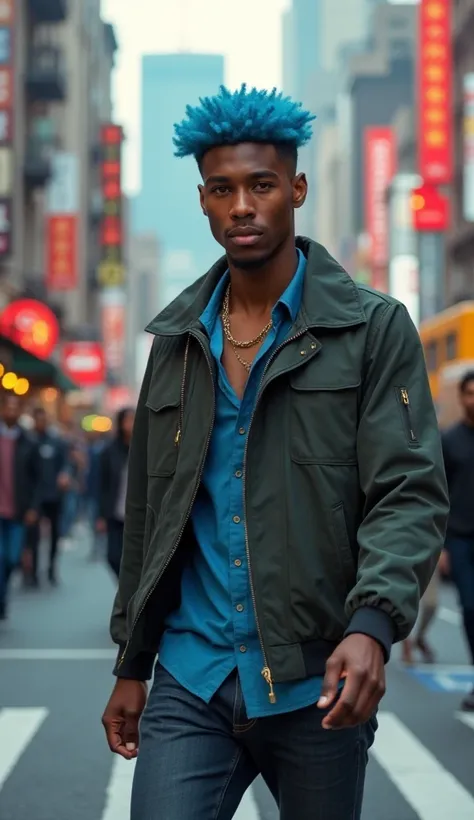 Black handsome young man, 1, with blue hair, 4k, Walking on a busy street, ultra realistic, film grain. photo, professional film, professional image, ultra detailed, ultra realistic, cinematic, sharp focus