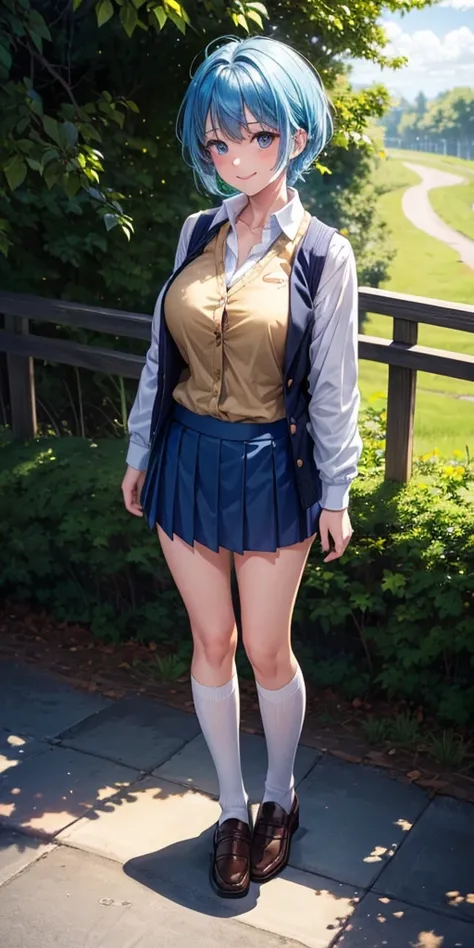 1girl, full body, solo, trees, sun, clouds, summer, ((blue hair)), short hair, large breasts, button down shirt, ((unbuttoned shirt)), ((school uniform)), vest sweater, unbuttoning buttons, blue eyes, skirt, smile, happy, looking at the viewer, standing, g...