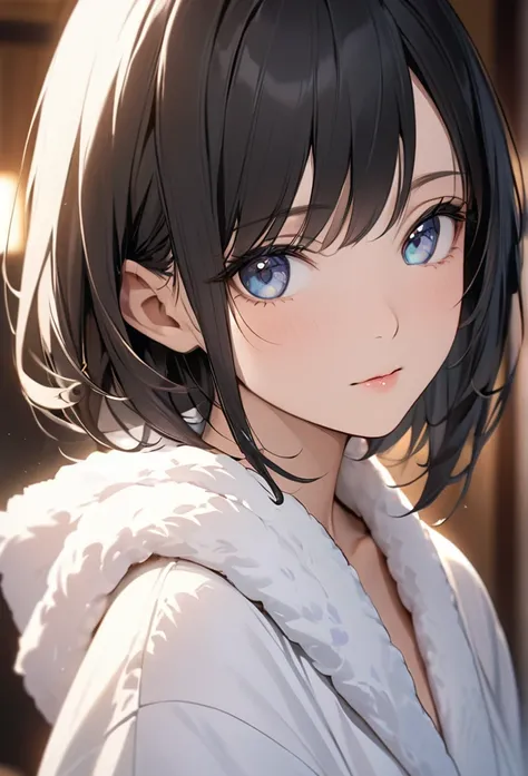 Upper body close-up（((masterpiece), on)"Perfect face, short black hair, beautiful eyes, Japanese, clean facial features, she is wrapped in a fluffy white bathrobe, gazing into the camera with a relaxed expression. Her skin is softly illuminated, with her s...