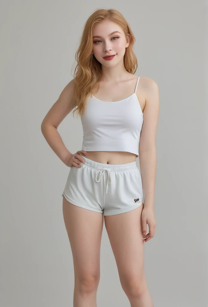 A small young woman with a pear-shaped body, ((narrow shoulders)), small breasts, ((narrow waist)), ((wide hips, and full, rounded thighs)). She has smooth, pale skin, long wavy strawberry blonde hair, large almond-shaped hazel eyes with thick dark lashes,...