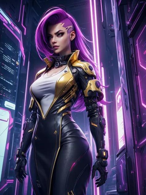 cyberpunk corpo woman ,in white shirt with gold collar red skirt!, female with black-purple one side trimmed hair, cybernetic fa...