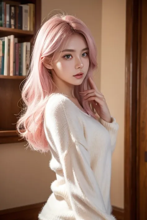 Beautiful Russian girl,(Pink Ash Hair),Soft and fluffy,Ethereal,Medium Hair, Model body type, Normal chest, Bell sleeve sweater,Hot pants, Soft Landscape, Key Light,Face light,Looking back, Thin face,Symmetrical eyes,Eye contact, Looking at the audience,Sh...