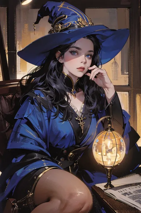 (best lighting) (best quality, masterpiece:1.2), (absurdres), 4k, (detailed eyes), (detailed face), sci fi, witch, woman, blue eyes, long black hair, futuristic witch, curvy, solo, cinematic, soft lighting, centred