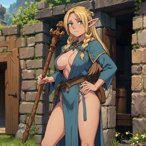 marcille donato in foreground,  very revealing outfit open at the bust, semi-realistic,  dungeon scene, adventurer girl, large b...