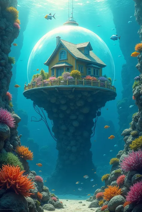 A fantastic city in the sea。A house surrounded by a transparent dome々Lined up、Colorful fish and corals surround the area。The sunlight shining through the ocean surface flickers underwater.、A mysterious and peaceful space where we coexist with marine life s...