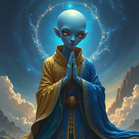 Blue alien, oval head, bald,  THOUGHTFUL, gold and blue monk&#39;s robe&#39;With symbols, galaxy and planets background