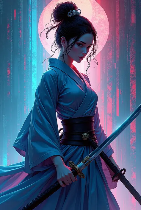 A graphic novel rendition of a hyperdigital image of an elegant and delicate Japanese female samurai wearing a combination of a kimono and armor and wielding a gleaming blue katana; she is a virtual samurai idol in a digitized world of vibrant neon colors ...