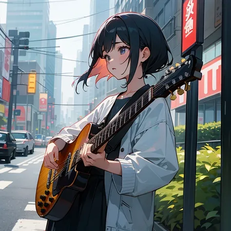 In the hustle and bustle of the city、Young woman holding a guitar、Singing on the roadside。I&#39;m listening to her song from the front。Passersby stop around her to listen to her performance.。Her long hair, which reached down to her waist, swayed in the win...