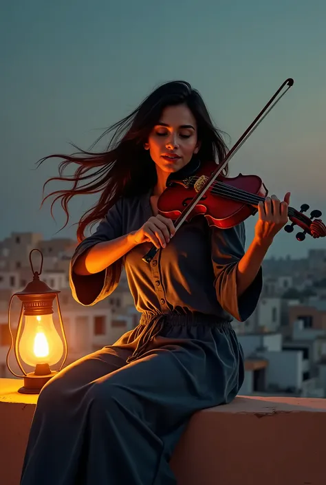 Realistic, high resolution detail, portrait of a Moroccan woman wearing jeans, her long black hair fluttering around her, blending perfectly with the shirt, sitting on the roof wall singing with the violin. There is a dimly lit lantern, creating soft shado...