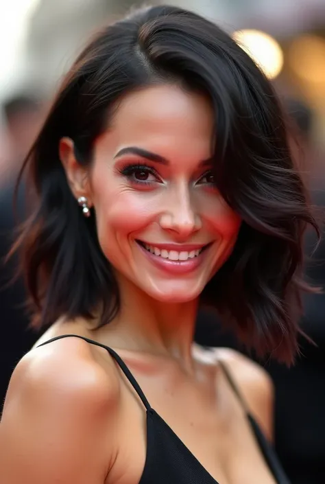 black cherry hair color ideas, front view of smiling actress woman with textured lob with black cherry ends, on red carpet photography style, intense gaze