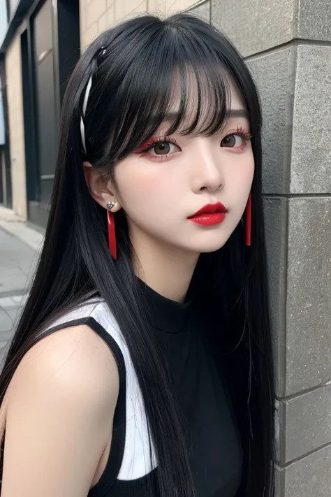 Korean style long black hair Korean beauty with piercings , Very long hair, Hime cut, Bangs,  Landmine girl Textured skin, Red lipstick, black clothes