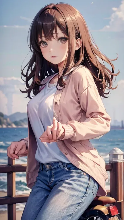 masterpiece, high details, high quality, highres, 8k, One Japanese woman、3 housewife、Brown Hair、Wavy medium hair、Brown eyes、Pink cardigan、White T-shirt、jeans、Rides a 50cc scooter、Bright moonlight、Travel along the coastline、Cowboy Shot、Detailed hands、Anatom...