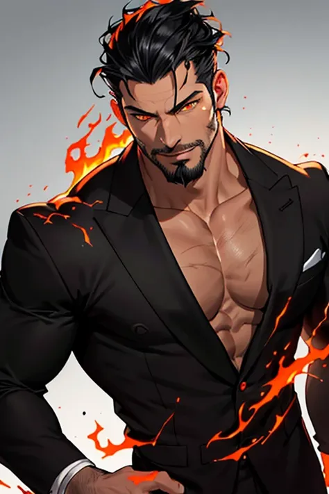 male, masculine, muscular, slightly bulky, sophisticated, exotic male with slicked back black hair, wearing a full black suit, ((goatee)), ((flame orange eyes)), realistic facial scars with a perfect male anatomy, beautiful face, ultra quality, photorealis...