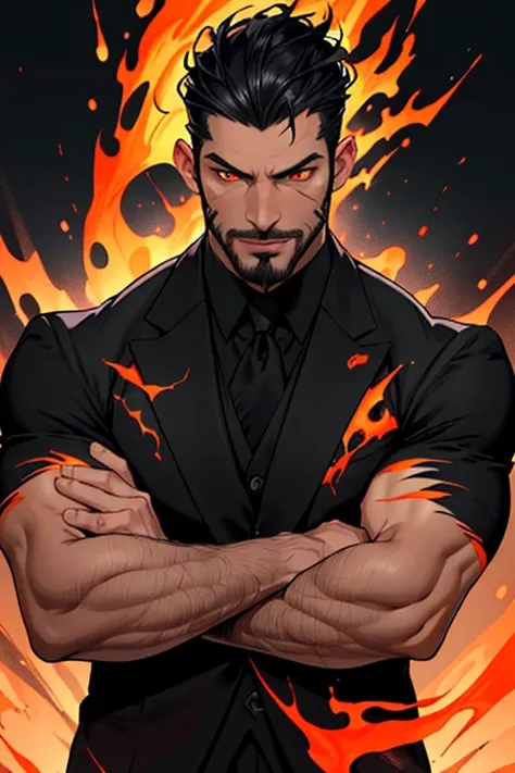 male, masculine, muscular, slightly bulky, sophisticated, exotic male with slicked back black hair, wearing a full black suit, ((goatee)), ((flame orange eyes)), realistic facial scars with a perfect male anatomy, beautiful face, ultra quality, photorealis...