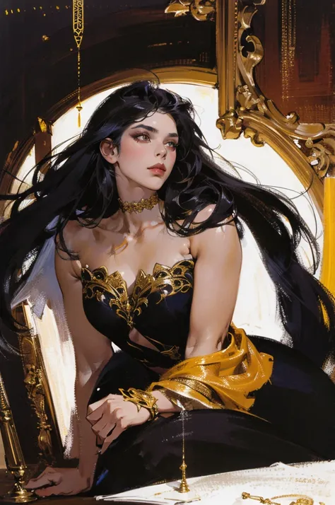 (best lighting) (best quality, masterpiece:1.2), (absurdres), 4k, (detailed eyes), (detailed face), woman, very long black hair, curvy, futuristic fashion, nobility, solo, cinematic, soft lighting, centred, bold background