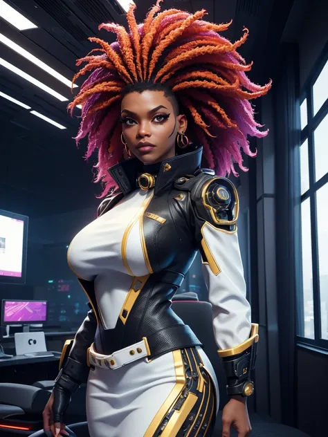 cyberpunk Corpo ebony Woman ,in white shirt with gold collar red skirt!, female with big black afro hair, cybernetic face enhancement, Xtreme, breasts, big breasts, open white shirt with gold collar, cyberpunk outfit, side trimmed mohawk ,,in corporate off...