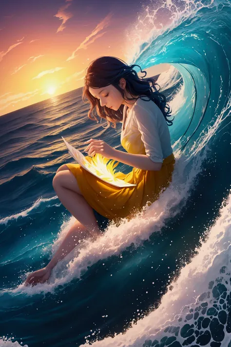 Immerse yourself in the world of FLUX with a visually stimulating illustration, embodying the concept of constant change and evolution, in sunny colors, sea wave. Appreciate the beauty of transitions and shifts, depicted in a colorful and dynamic illustrat...