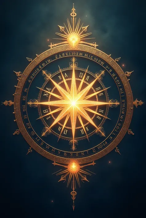 A round icons with runes and womens script around the edge with a 4 pointed star in the middle and a 16 pointed sunburst behind it