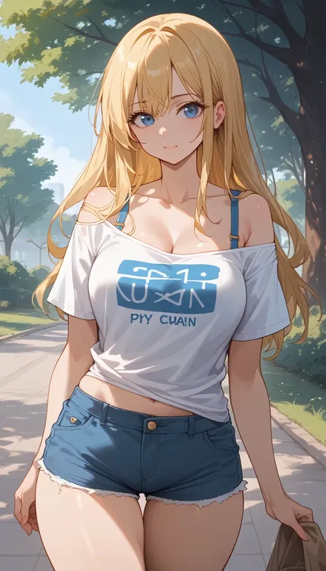 a girl with long blonde hair, huge boobs,huge ass,blue eyes , he is wearing a white t-shirt , polera one off shoulder , you can ...