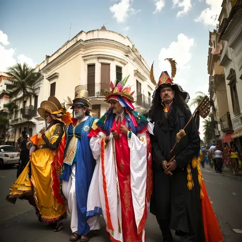 several people in costumes are walking down the street with a drum, Barranquilla Carnival, elaborately costumed, curiosities carnival, carnival, brazil carnival, by Julio González, by Luis Molinari, mexican folklore, by Rodolfo Morales, diverse costumes, m...