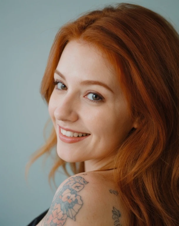 50mm photo posted to facebook, average looking redhead tattoed woman, smiling, detailed skin texture, detailed facial features, shallow depth of field, natural lighting, warm color tones, soft focus, high definition, photographic, realistic, professional p...