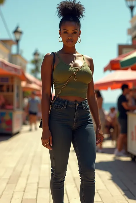 A curvaceous Black woman wearing a fitted, olive green ribbed tank top, paired with dark skinny jeans and white chunky sneakers. She’s accessorized with a small crossbody bag and gold stud earrings. Her hair is styled in a messy bun. The backdrop is a sunn...