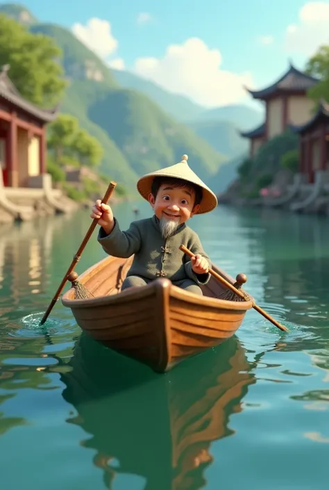 Chinese fisherman in a little boat, Pixar style